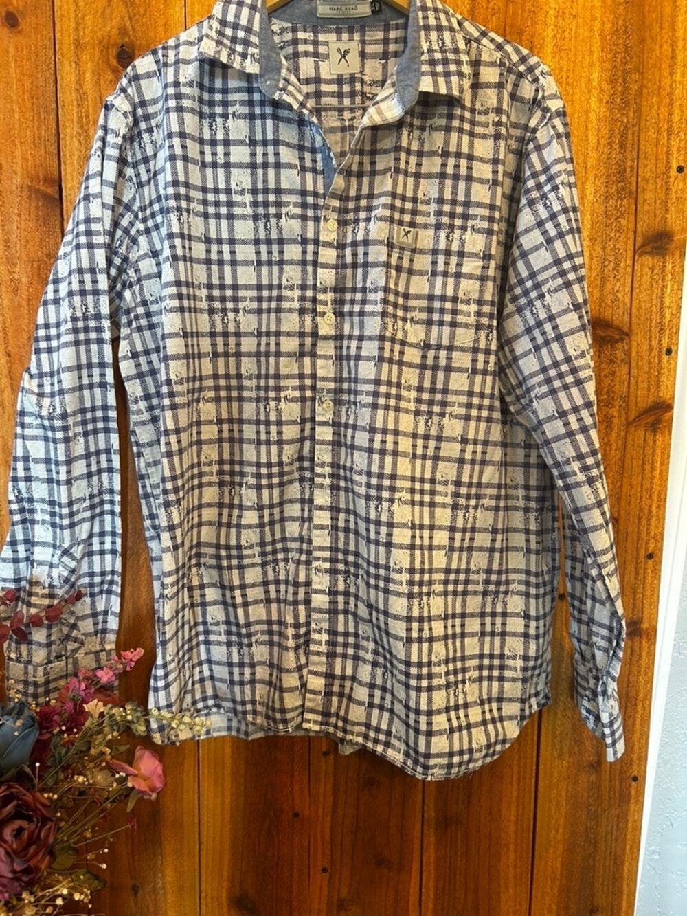 Marc Ecko Mens XL Blue Gray Plaid Short Sleeve Button Down Shirt Y2K Streetwear